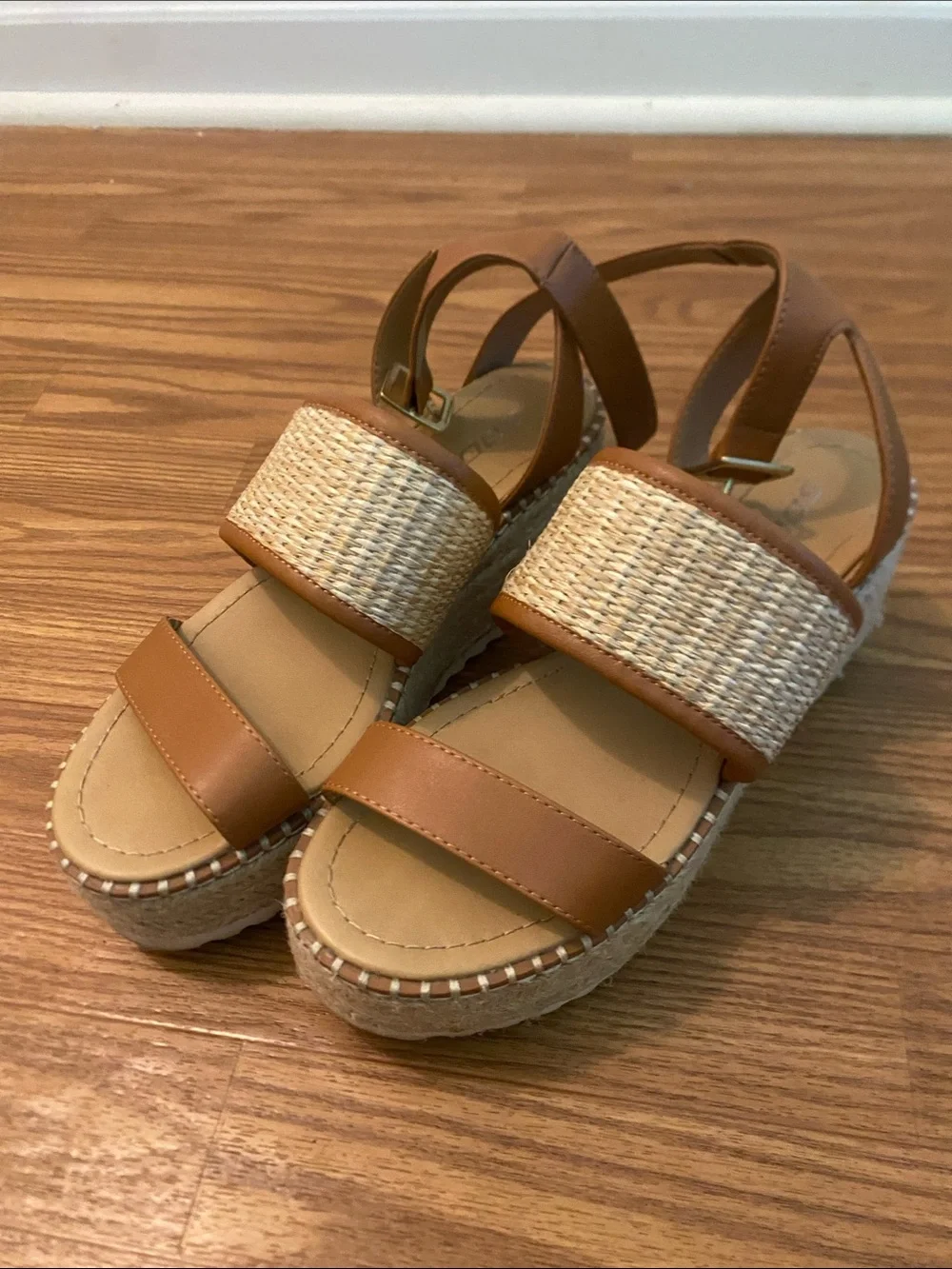 Soda Cognac Tan Woven Espadrille Wedge Sandals